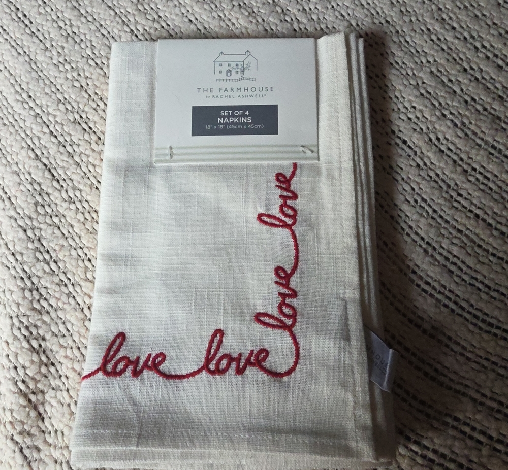 The Farmhouse Cream Linen Napkins with Red 'Love' Embroidery - Set of 4